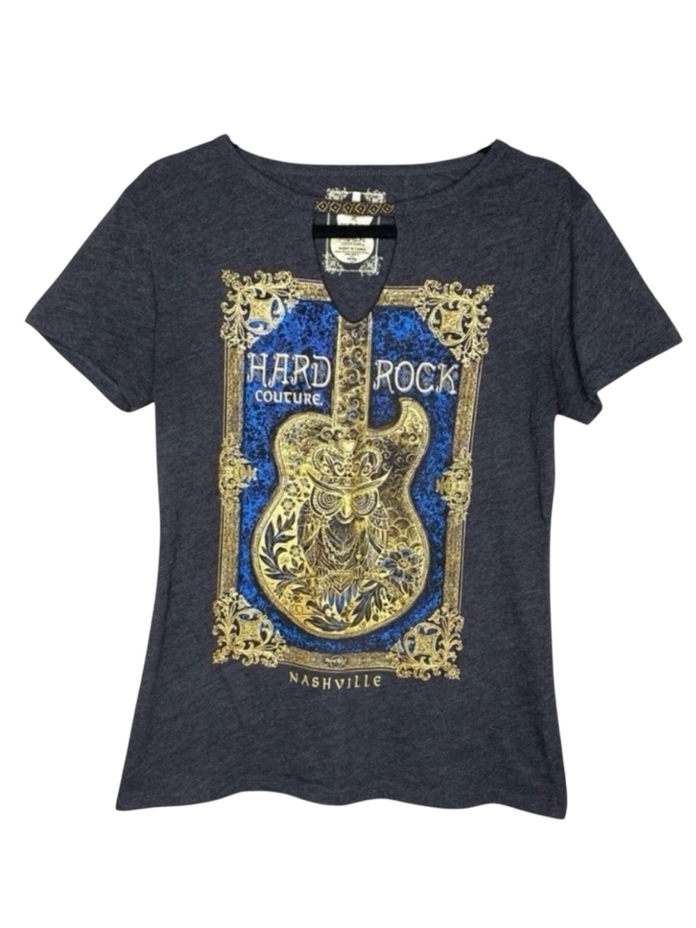 Hard Rock Nashville Graphic Tee Womens Fitted Top Blue Gold Guitar Shirt